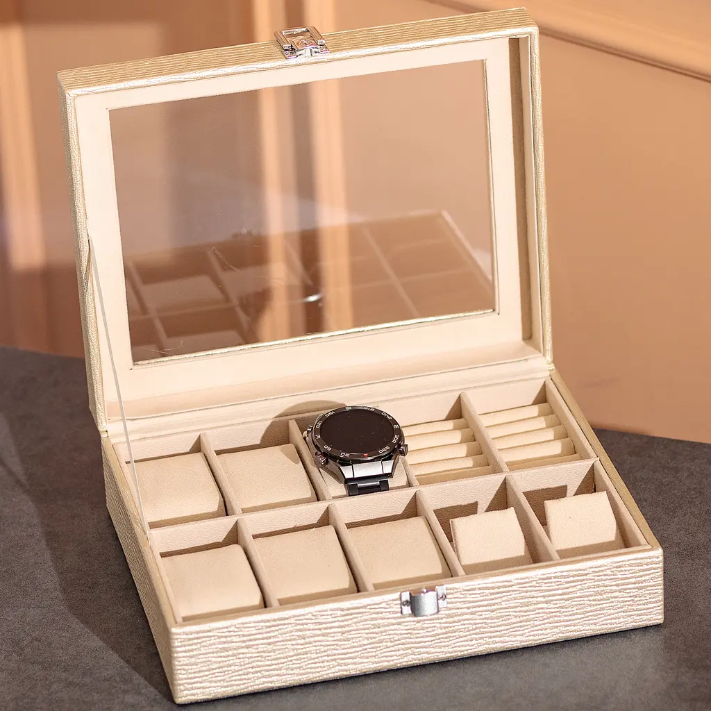 Скринька-органайзер Yiwu для прикрас та аксесуарів з накидним замком 25.5x20x7.5 см бежева HP-5-6GOLD - фото 6