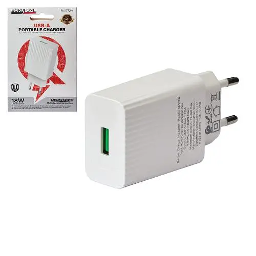 Мережевий зарядний пристрій BOROFONE BAS72A USB-A: 18W (QC/FCP/AFC) White