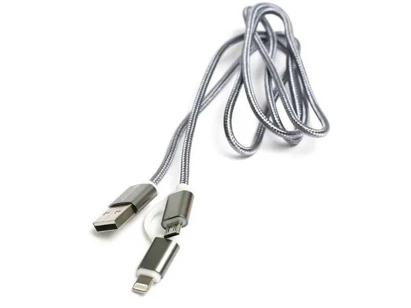 Кабель PowerPlant Quick Charge 2A 2-в-1 cotton USB 2.0 AM – Lightning/Micro 1м grey (KD00AS1289)