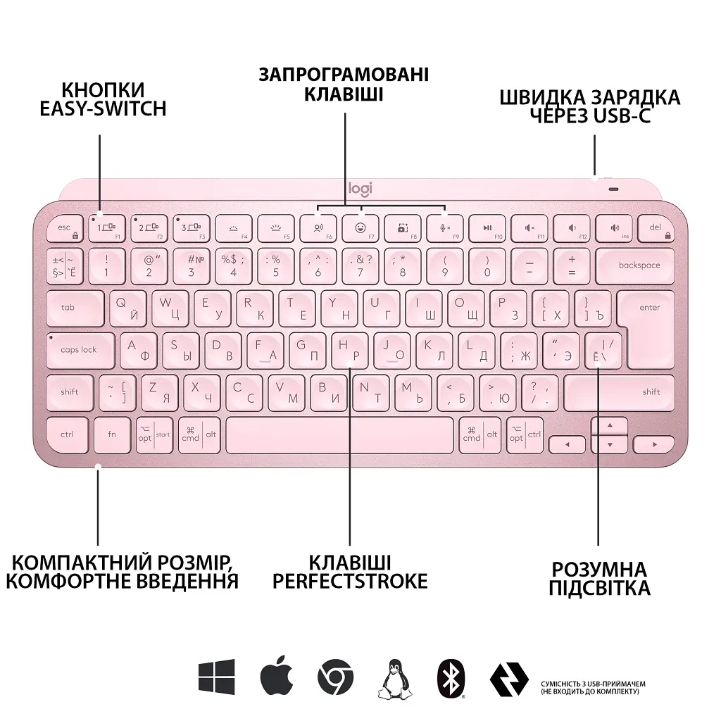 Клавіатура Logitech MX Keys Mini Wireless Illuminated UA Rose (920-010500) - фото 6