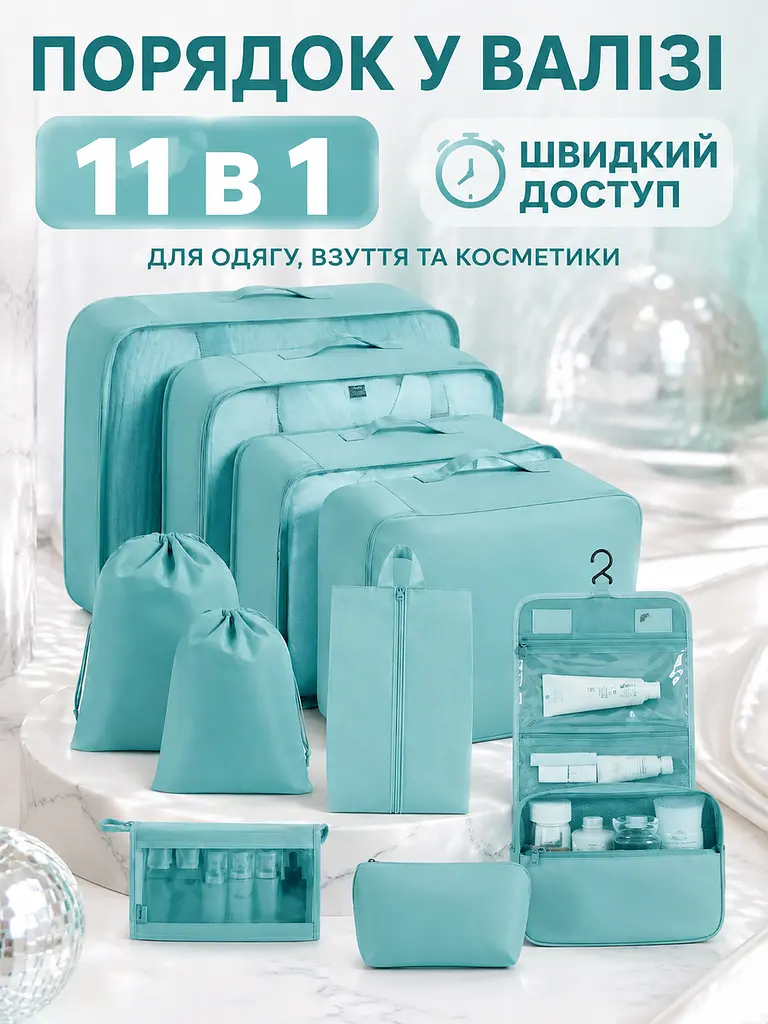 Набір дорожніх органайзерів для валізи 11 в 1 для одягу, взуття та косметики бірюзовий (49676170) - фото 2