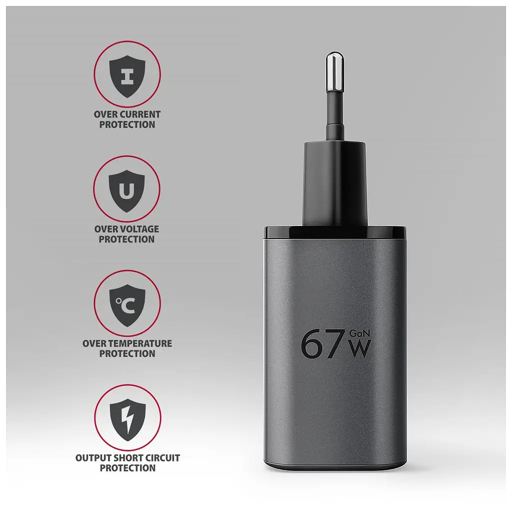 Зарядний пристрій AXAGON 1xUSB-C PD67W + 1xUSB QC4+ PPS display gray (ACU-PQ67D) - фото 7