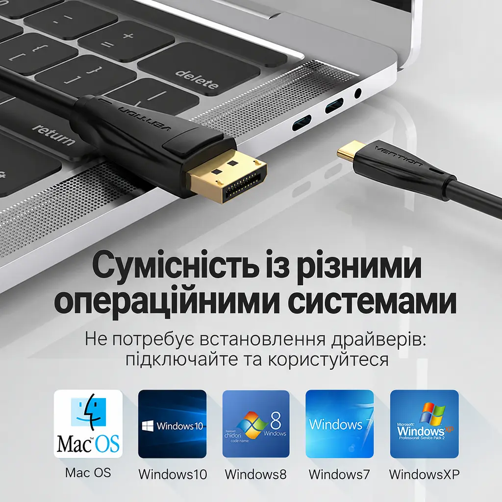 Відеокабель Vention CGYBF USB-C - DisplayPort 8K 60 Гц 1 м чорний (CGYBF) - фото 6