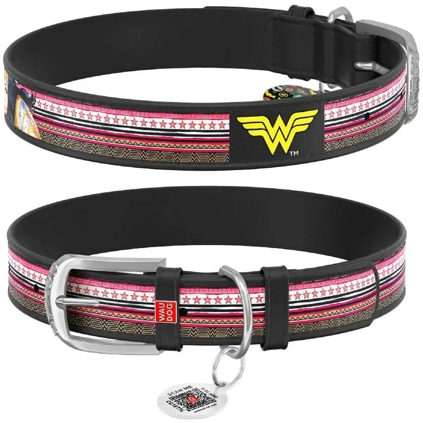 Нашийник для собак Waudog Design шкіряний з QR паспортом, малюнок Чудо-жінка, M, Ш 20 мм, Дов 29-38 см - фото 1