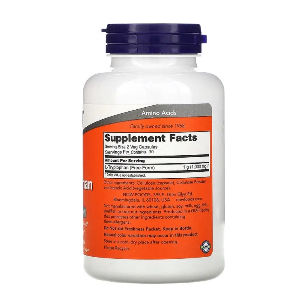 Амінокислота Now Foods L-Триптофан, 500 мг, 60 вегетаріанських капсул (NF0166) - фото 2