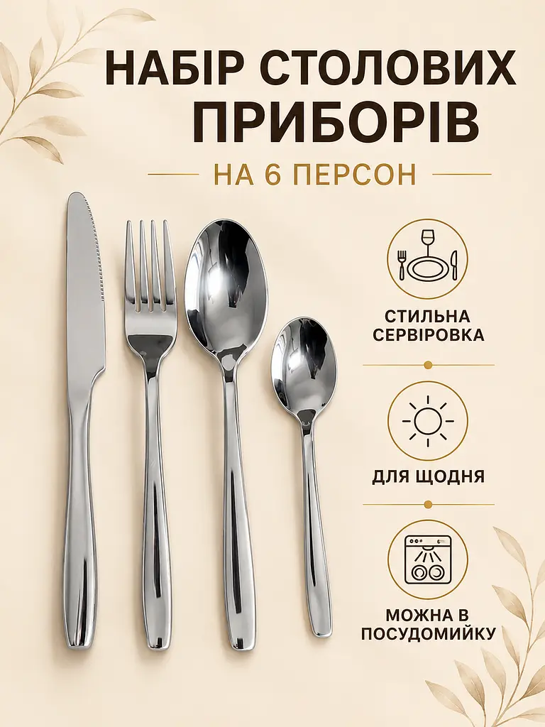 Набір столових приборів 24 предмети на 6 персон, ложки виделки ножі з нержавіючої сталі (49676231) - фото 2
