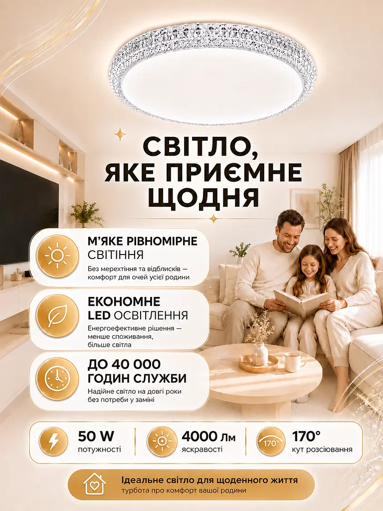 Стельова LED-люстра кругла біла 50 W 50 см з пультом, димером і нічником (49675914) - фото 7