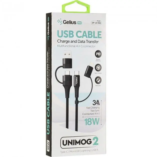 USB кабель Gelius Pro Unimog 2 4in1 USB-A/Type to Type-C/Lightning 18W 1 м GP-UC106 Black - фото 3