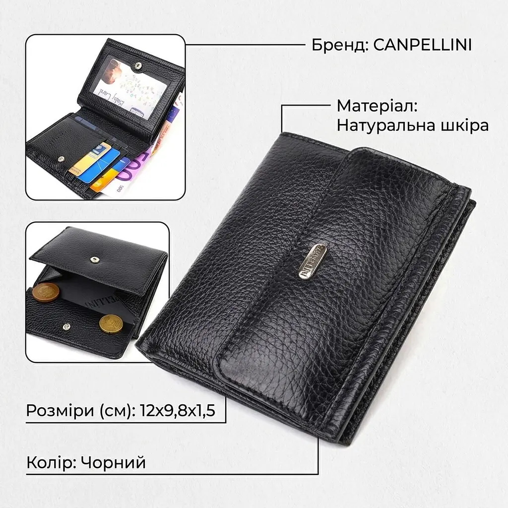 Гаманець для жінок середнього розміру з натуральної шкіри Canpellini 21817 чорний - фото 2