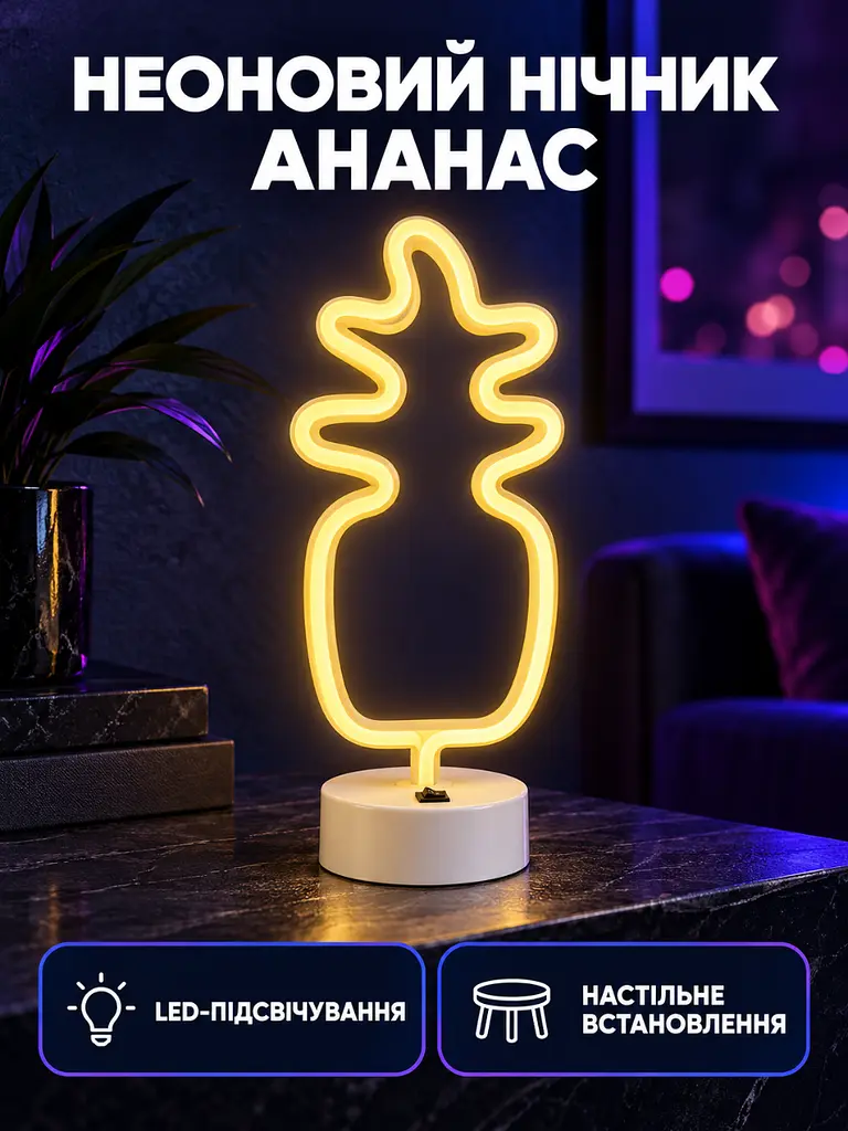 Неоновий LED світильник-нічник Ананас 29х14.5 см настільний для дитячої Білий (37261169) - фото 2