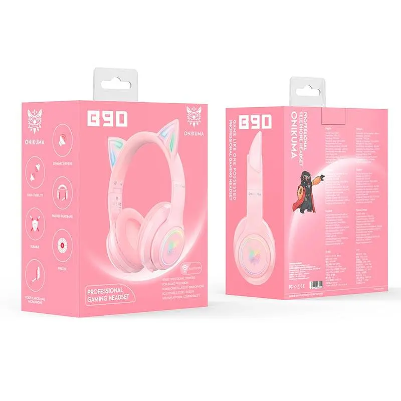 Накладные наушники Onikuma Bluetooth Gaming CAT with LED B90, 800mAh, BT5.0, AUX, 800mAh, 15h, pink - фото 5