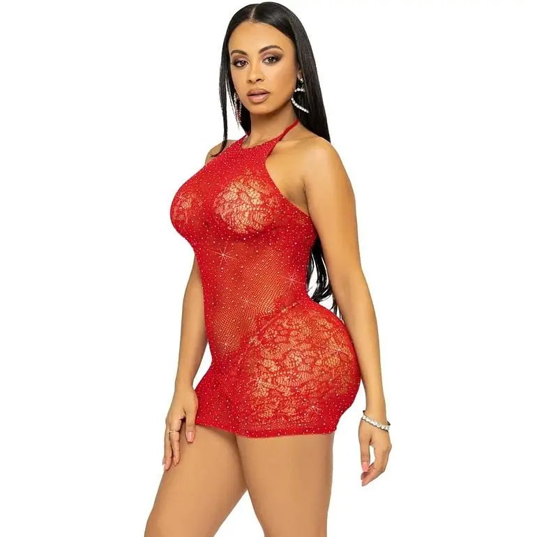 Мини-платье Leg Avenue Rhinestone halter mini dress Red One size - фото 4