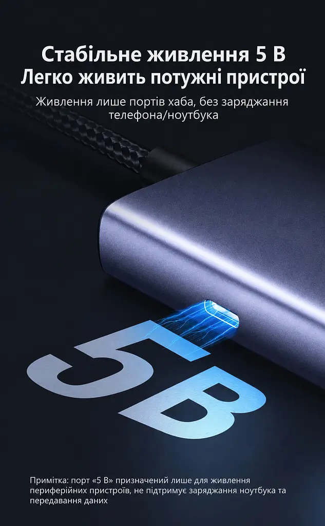 USB-C хаб UGREEN CM512 6-в-1 2 порти USB-C 3.2 Gen 2 до 10 Гбіт/с і 1 порт USB-A 3.2 та 1 порт USB-A 2.0 гігабітний Ethernet RJ45 10/100/1000 Мбіт/с порти USB-C 3.2 лише для передавання даних без виведення відео та заряджання окремий вхід USB-C 5 В для додаткового живлення хаба й периферії для розширення USB-портів смартфона чи планшета з USB-C та підтримкою USB Host у режимі OTG вбудований кабель USB-C до хоста довжиною 0,3 м темно-сірий Space Gray (45320) - фото 5