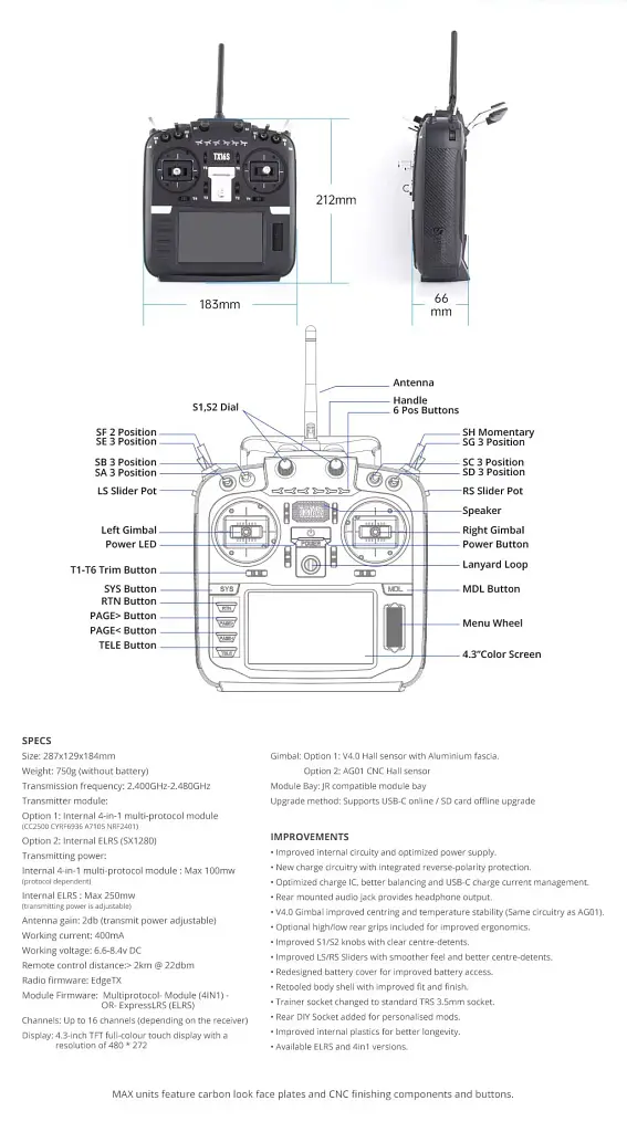 Пульт дистанційного керування RadioMaster TX16S MKII ELRS M2 16-канальний передавач для БПЛА систем FPV Black (18772) - фото 10