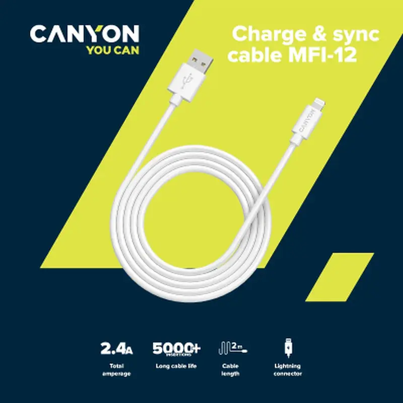 Дата кабель USB 2.0 AM to Lightning 1.0m MFI white Canyon (CNS-MFIC12W) - фото 3