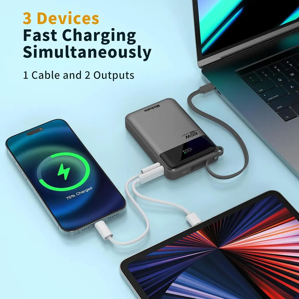 Портативний зарядний пристрій для ноутбука Hichain Power Bank 65 Вт 20000 мА·год із вбудованим кабелем USB-C, 3-портовий - фото 4