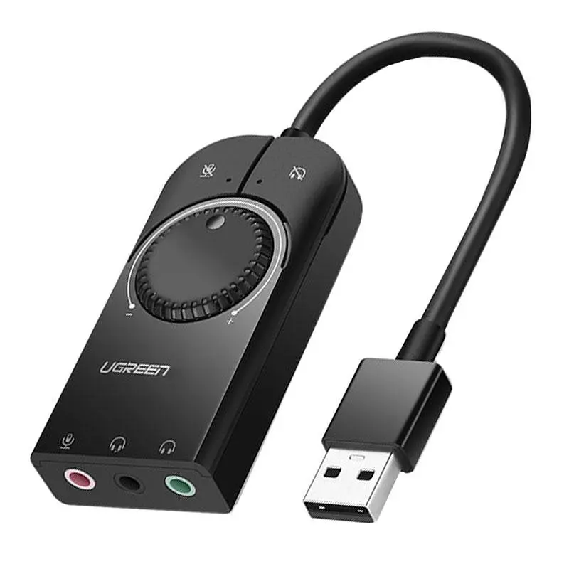 Зовнішня звукова карта Ugreen USB 2.0 з регулятором гучності CM129 (Чорна, 1 м)