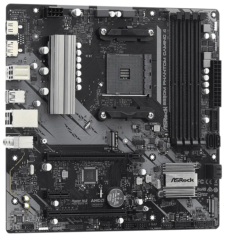 Материнська плата AM4 (B550) ASRock B550M Phantom Gaming 4, B550, 4xDDR4, CrossFireX, Int.Video(CPU), 4xSATA3, 2xM.2, 1xPCI-E 16x 4.0, 1xPCI-E 16x 3.0, 1xPCI-E 1x 3.0, ALC887, RTL8111H, 8xUSB3.2/4xUSB2.0, HDMI/DP, Micro ATX - фото 3