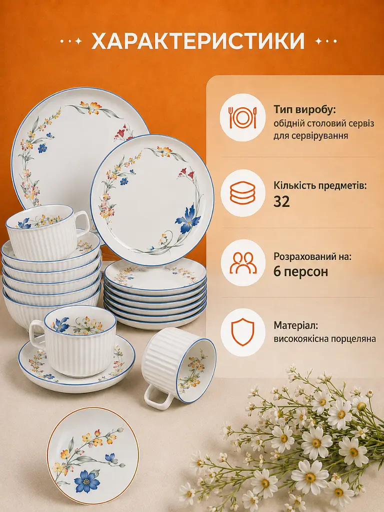 Столовий сервіз обідній та чайний порцеляновий на 6 персон 32 предмети для сервірування столу та подарунка, білий з синім - фото 4