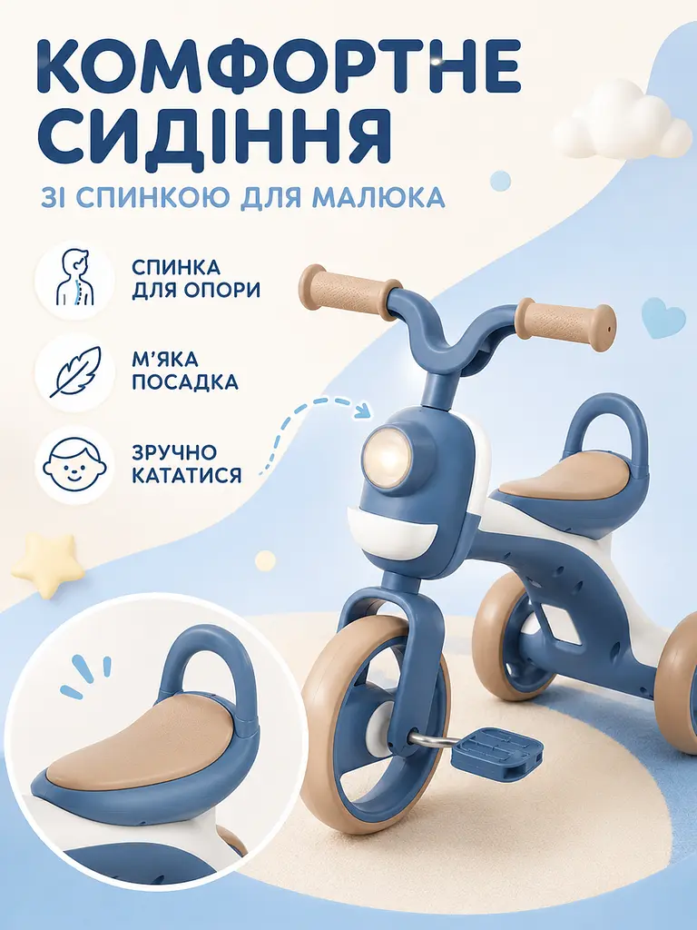 Дитячий триколісний велосипед з музикою світлом і кошиком до 40 кг Синій (49676124) - фото 2