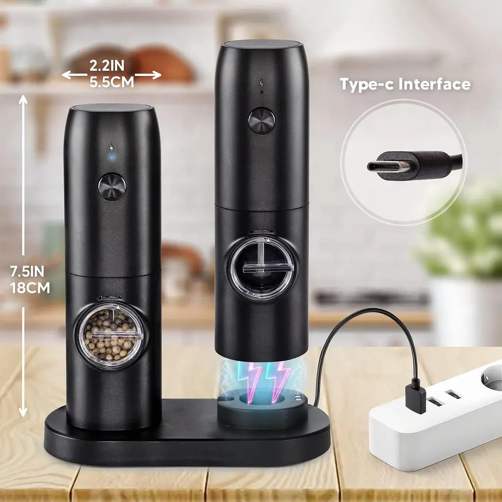 Virklyee USB Charging Pepper Mills Электрические мельницы для соли и перца Набор из 2 регулируемых шероховатостей со светодиодным - фото 5