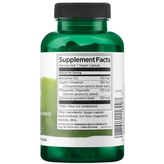 Комплекс берберина с корицей, гимнемой и пажитником Swanson Berberine Complex with Cinnamon Gymnema & Fenugreek 90 вегетарианских капсул (100-43-8395755-20) - фото 2