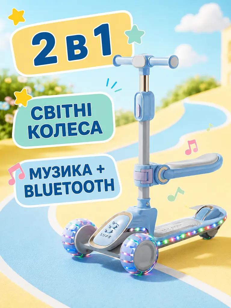 Дитячий самокат триколісний 2в1 блакитний із сидінням підсвічуванням коліс і музикою (49675955) - фото 5