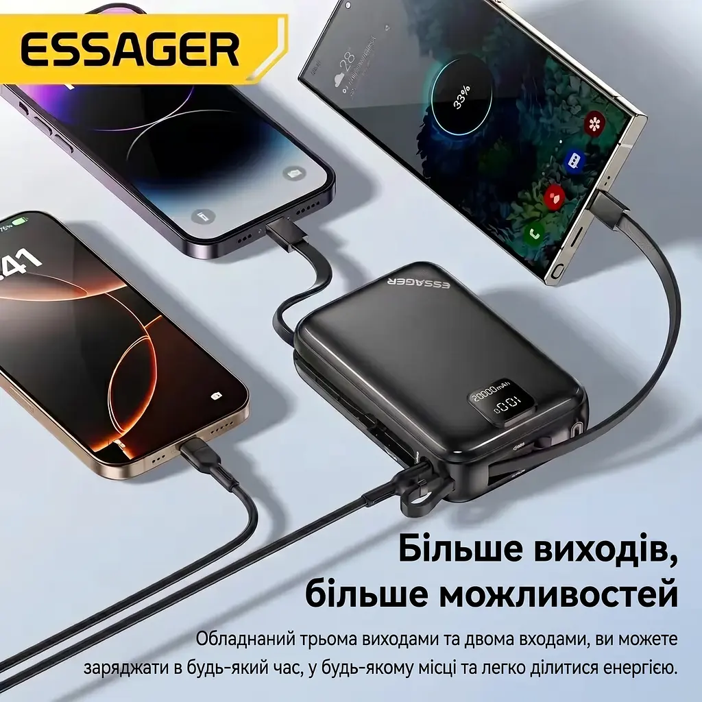 Павербанк Essager 20000 mAh 65W з кабелями (ES-D025), чорний - фото 7