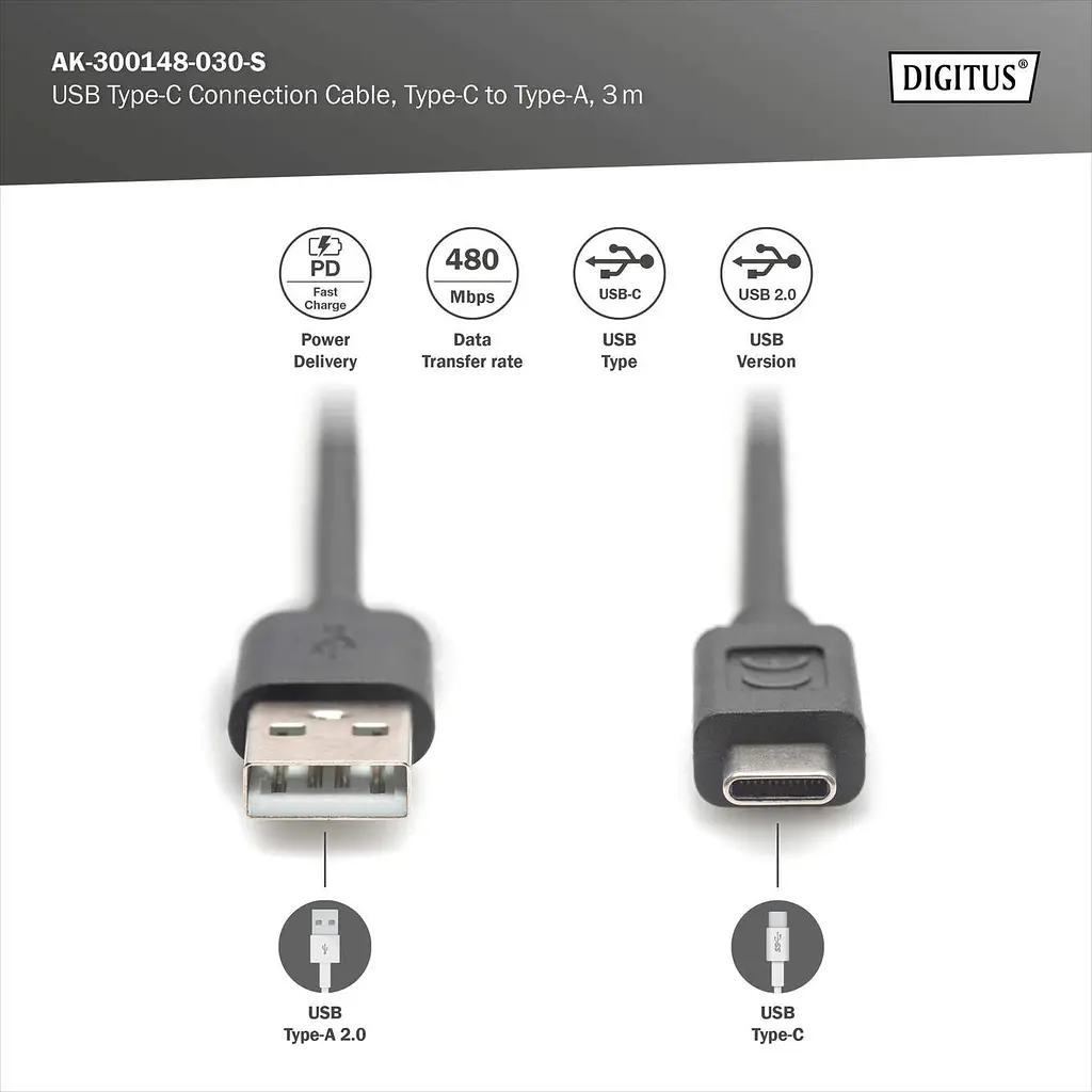 Кабель Digitus USB-A > USB-C заряджання/синхронізації, USB 2.0, M/M, 3м, чорний teh0025062 - фото 4