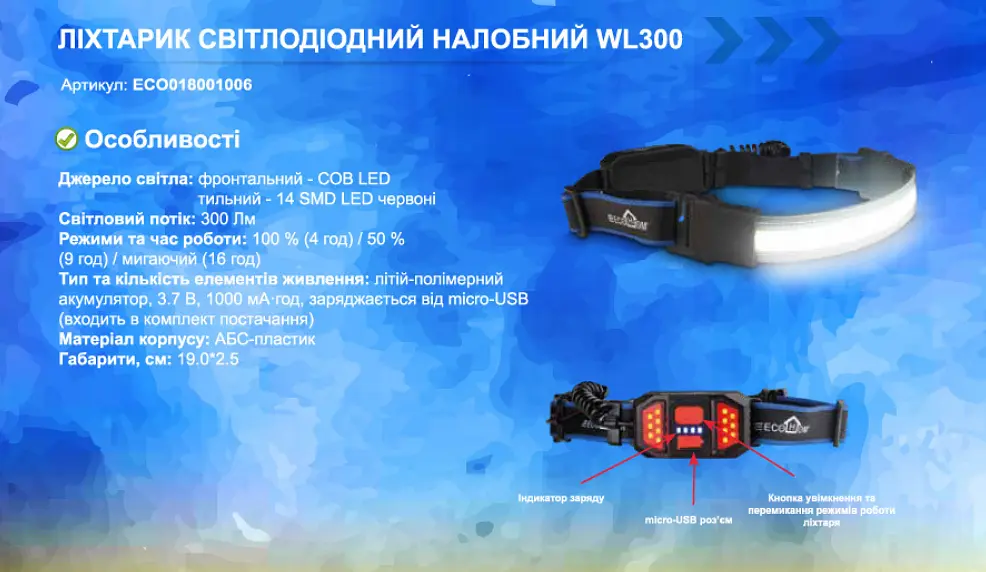 Ліхтарик світлодіодний налобний WL300 ECOНОМЕ (ECO018001006 ) - фото 9