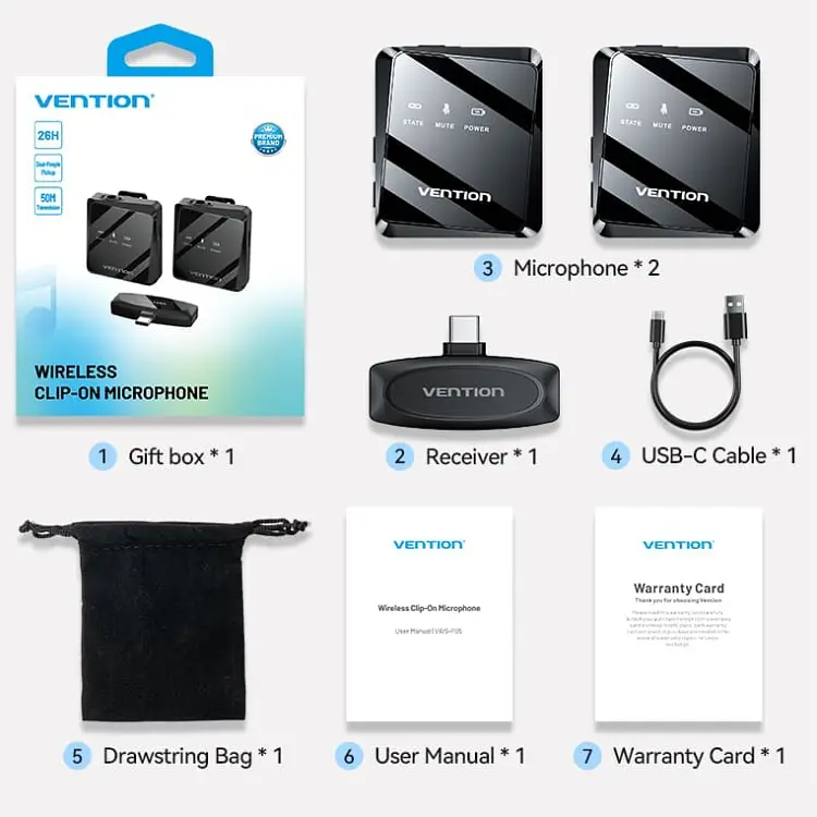 Беспроводной двойной петличный микрофон Vention USB-C 2-Pack Wireless Lavalier Black - фото 2