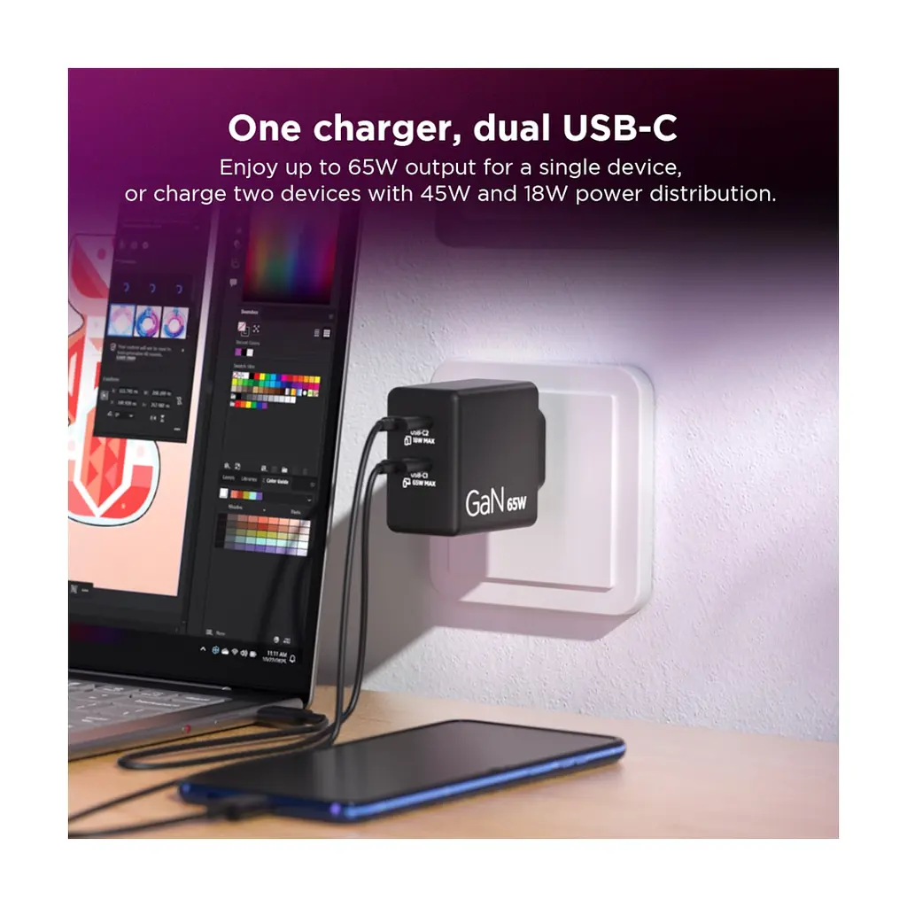 Блок питания для ноутбука Lenovo Dual USB-C 65W GaN Charger (40AW065BEU) - фото 2