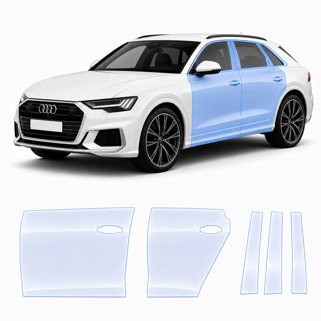 Антигравійна захисна бронеплівка за лекалами для Audi Q8 4M facelift 2024- зони дверей і стійки вікон