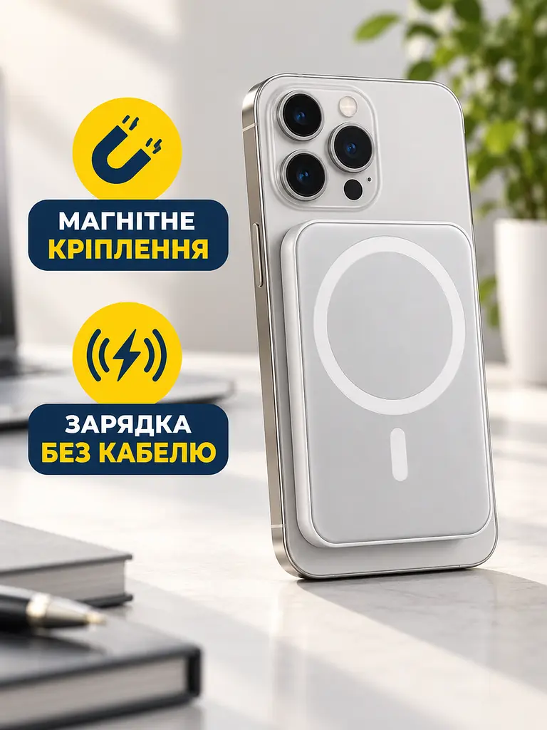 Повербанк 10000 мА·год магнітний з бездротовою зарядкою 15 Вт, зовнішній акумулятор зі швидкою зарядкою 22,5 Вт, білий (49676395) - фото 8