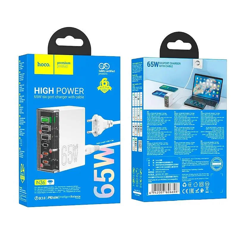 Адаптер мережевий Hoco Fuerza six-port charger N36 |3USB/3Type-C, 65W/3A, PD/QC| - фото 2