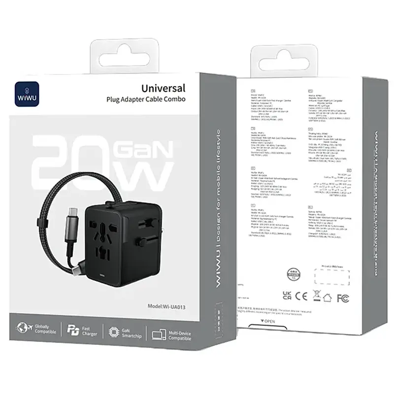 Мережевий універсальний перехідник UA013 20W GaN + 1USB-A/2C with retractable cable Type-C Black Wiwu teh0030551 - фото 5