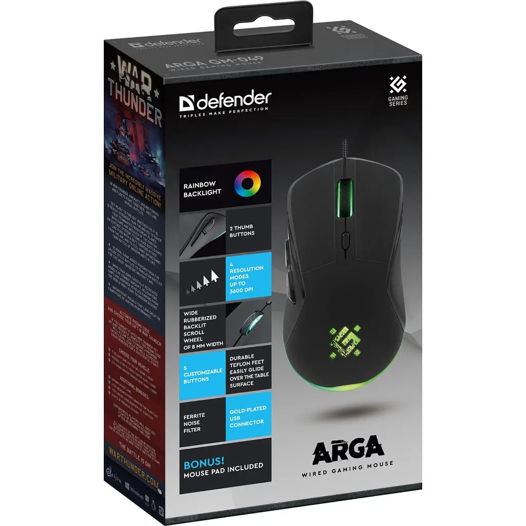 Мишка Defender Arga GM-049, 6кн. 3600 dpi, +коврик, rainbow, чорна (52049) - фото 3