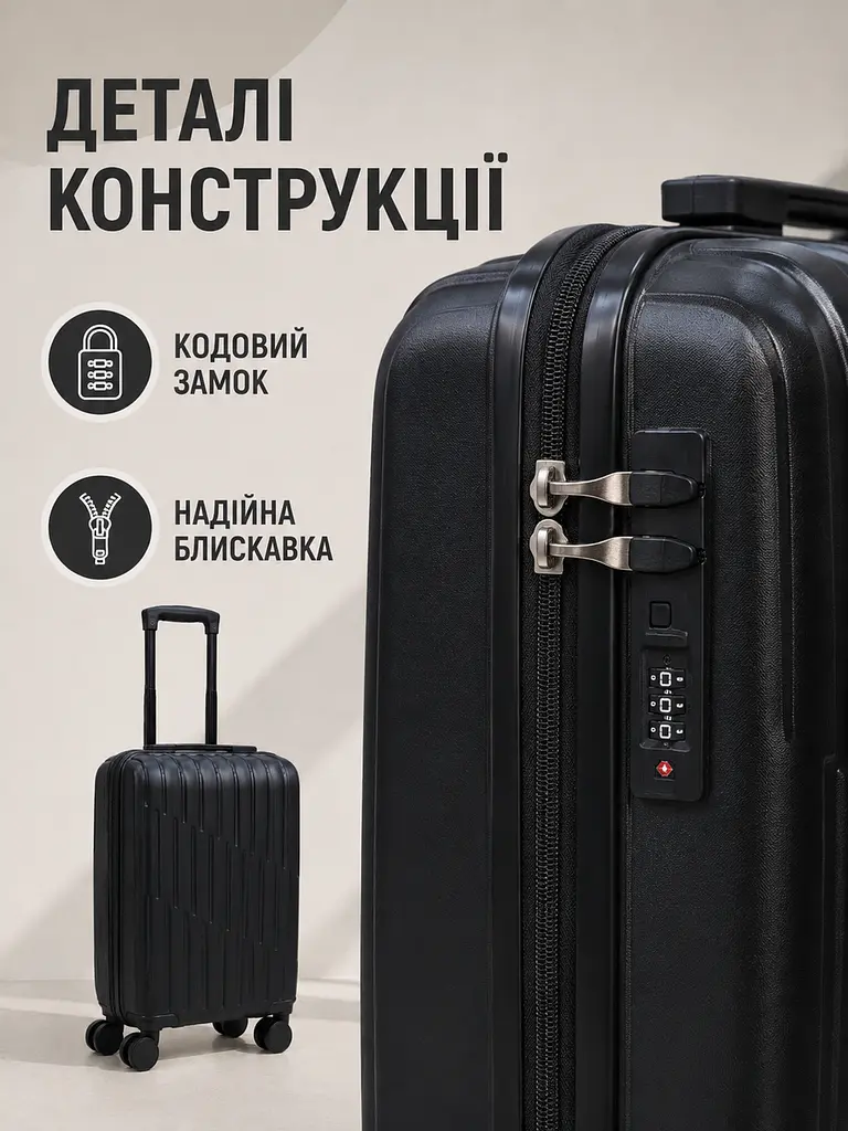 Дорожня валіза на коліщатках 40×30×20 см для ручної поклажі з телескопічною ручкою та кодовим замком, чорна (49676346) - фото 7