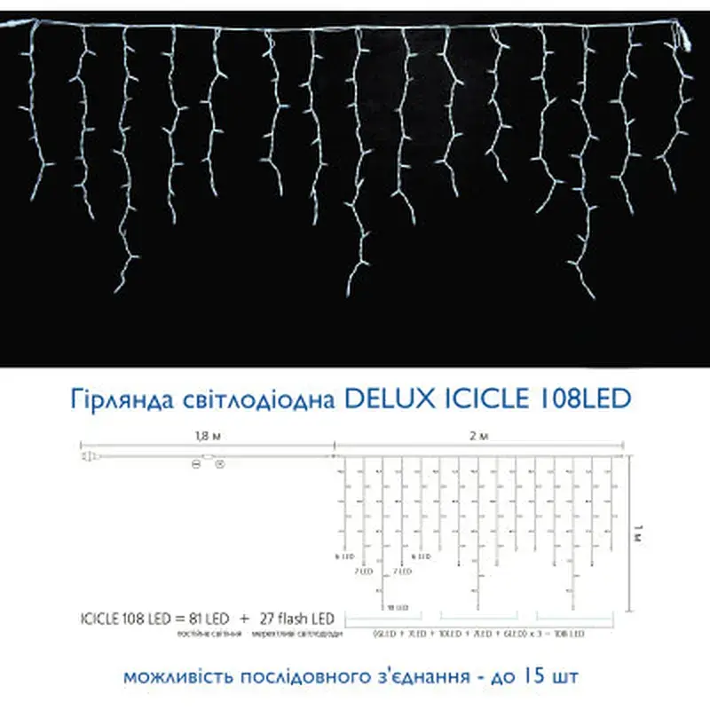 Гірлянда Delux ICICLE flash 108LED 2 х 1 м мульти / білий IP44 EN (90012949) - фото 3