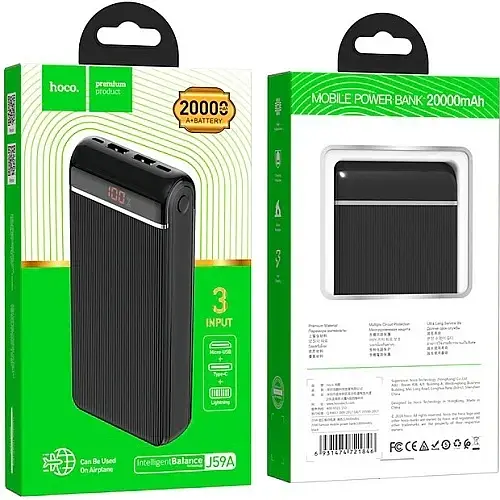 Портативна батарея Power Bank Hoco J59A Famous Xiaomicro+Lightning+Type-C LCD 20000mAh Black - фото 3