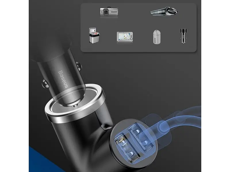 Автомобільний зарядний пристрій BASEUS Y type dual USB+cigarette lighter extended car charger 3.1 A Black (CCALL-YX01) - фото 7