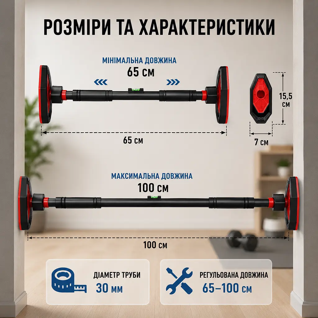Домашній турнік з кільцями 65-100 см / Турник розсувний для заняття спортом / Турник для підтягування з гімнастичними кільцями - фото 4