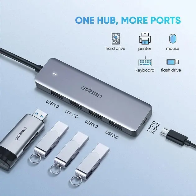 Перетворювач хаб Ugreen CM219 4-Port USB 3.0 Hub + живлення через Micro-USB (50985) - фото 2