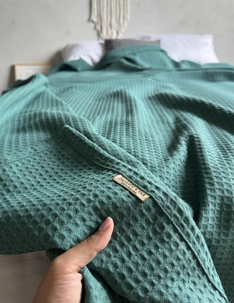 Покривало Zeintex Simple бавовняне вафельне смарагдове 180х220 см - фото 4
