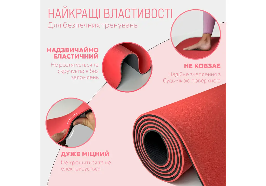 Килимок для йоги та фітнесу EasyFit TPE+TC 6 мм двошаровий червоний-чорний (EF-1924-RB) - фото 3