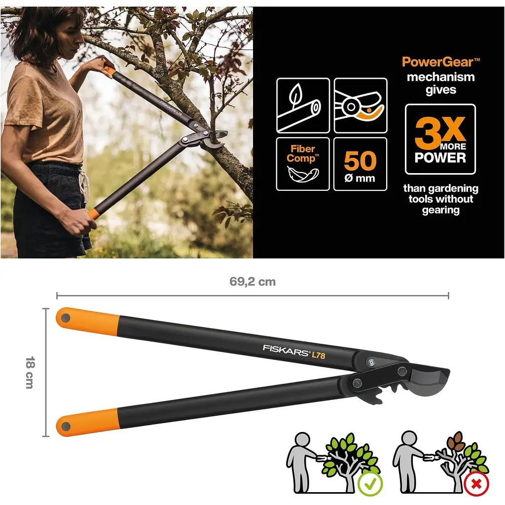 Великий площинний сучкоріз Fiskars PowerGear L78 з загнутими лезами L (1000584) - фото 2
