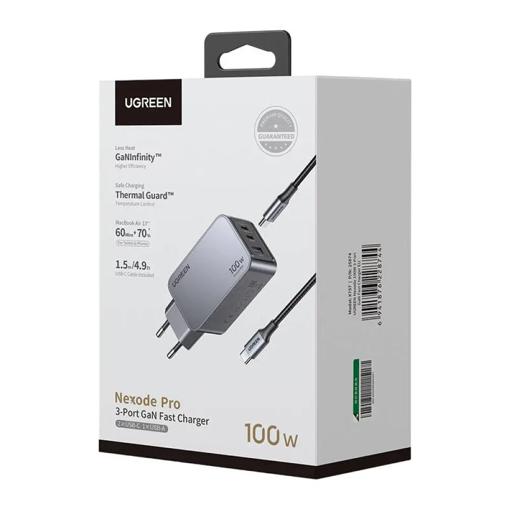 Сетевое зарядное устройство для Ugreen X757 Nexode Pro 100W USB-A 2xUSB-C Wall Charger серый (25874) - фото 2
