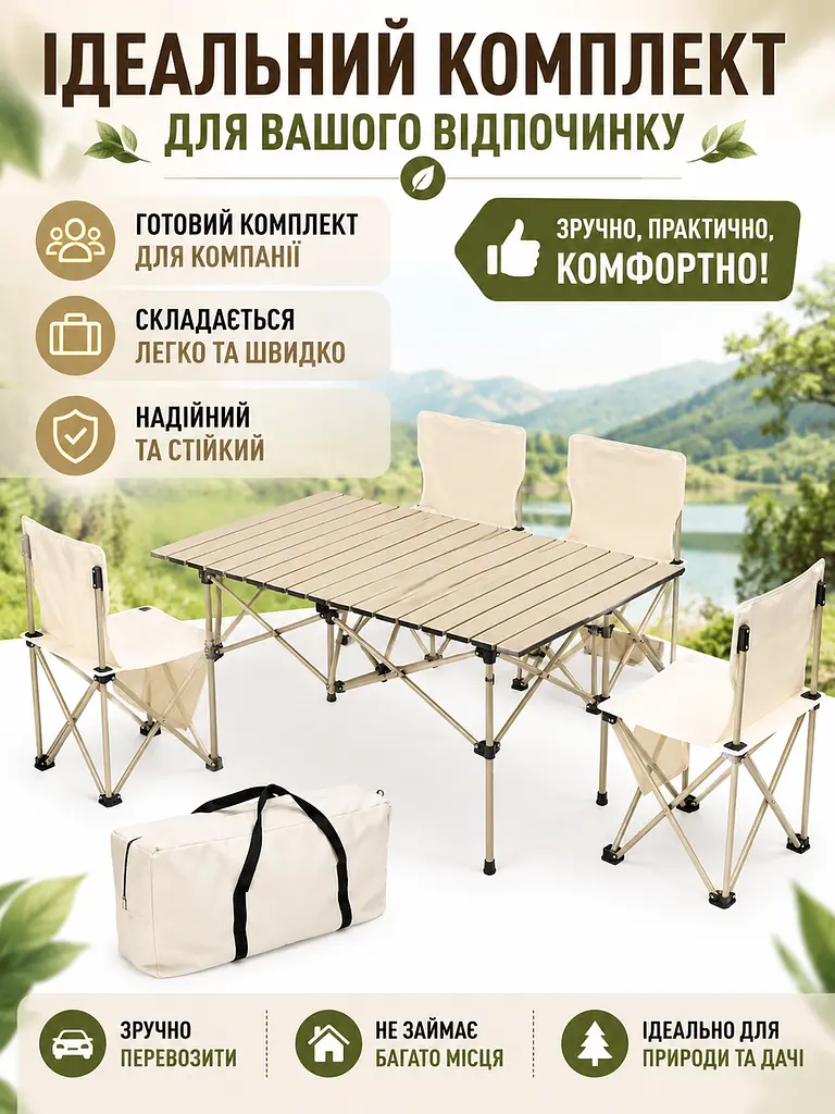Набір туристичних меблів стіл 120×55×50 см з 4 стільцями бежевий для пікніка та кемпінгу (49675943) - фото 2
