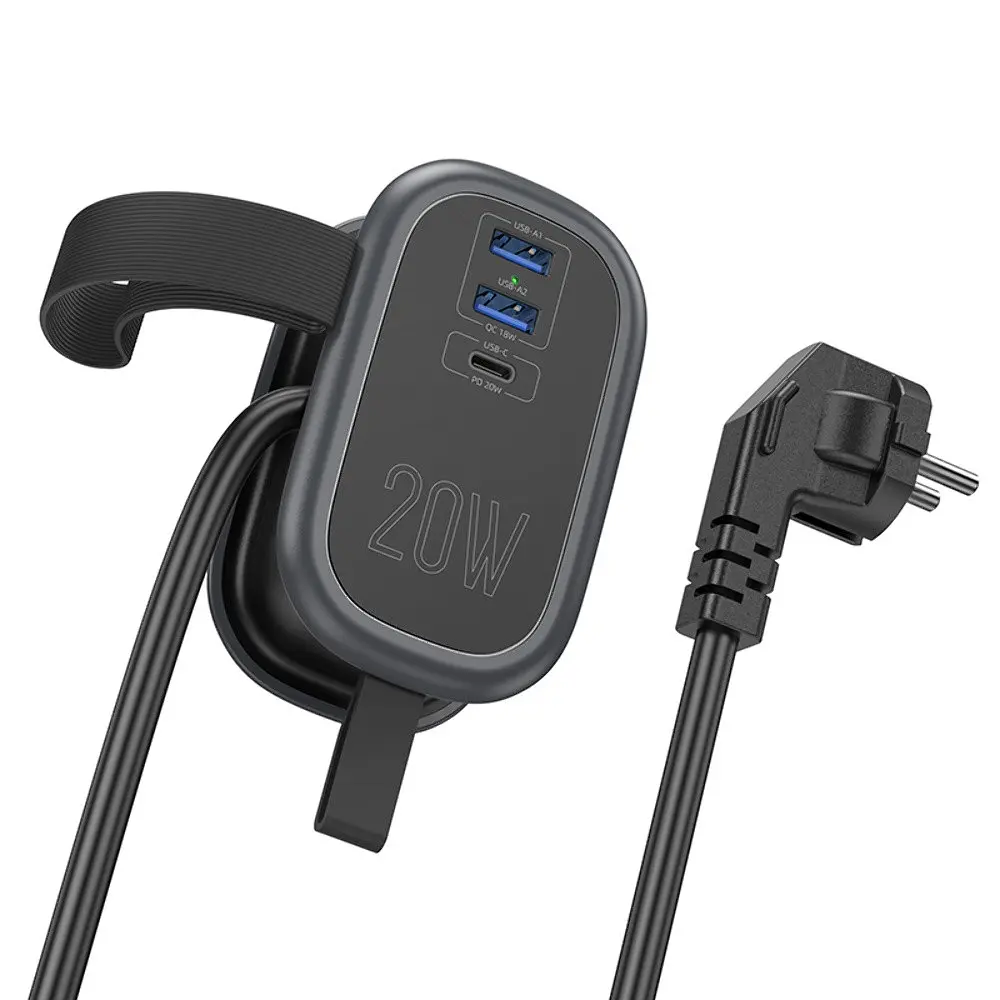 Мережевий зарядний пристрій подовжувач Hoco NS7 2 USB/ Type-C PD 20W 1 розетка 1.1m чорний - фото 5