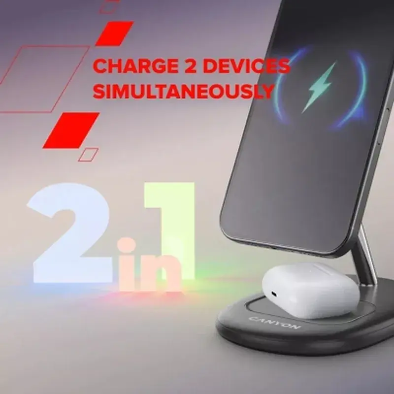 Зарядний пристрій Canyon wireless charger WCS-205 15W Qi2 2in1 w/o adapter Black (CNS-WCS205BW/A) - фото 12